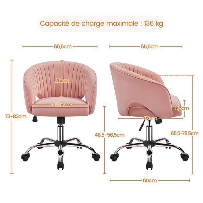 Fauteuil de Bureau en Velours - YAHEETECH - Dossier Capitonné - Assise Réglable en Hauteur - Rose