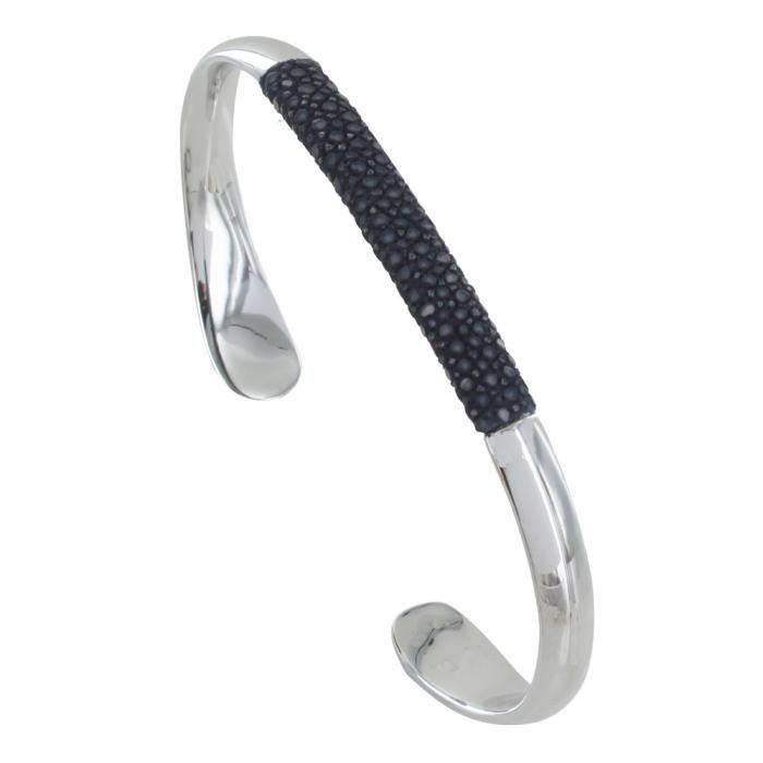 Les Poulettes Bijoux - Bracelet Mixte Demi Jonc Laiton Rhodié et Galuchat Classics - Bleu Navy