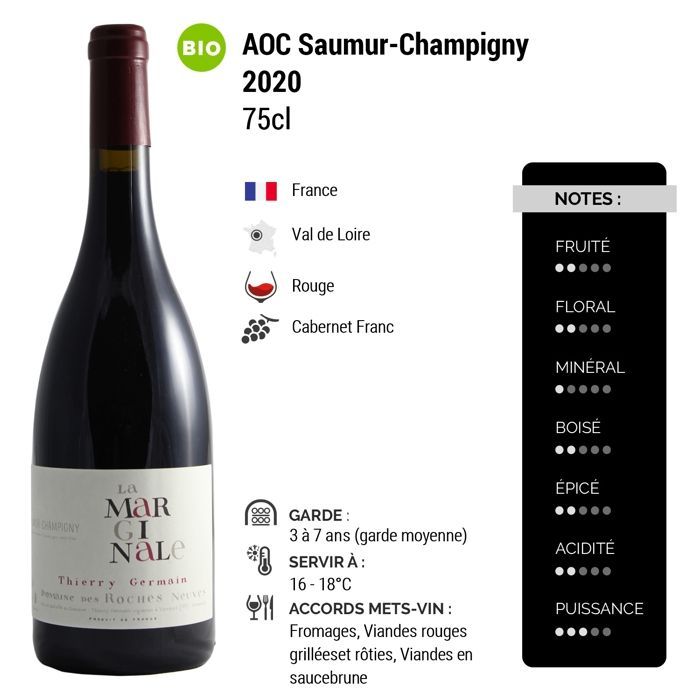 Domaine des Roches Neuves Saumur-Champigny La Marginale 2020 - Vino rosso della Valle della Loira (3x75cl) Biologico