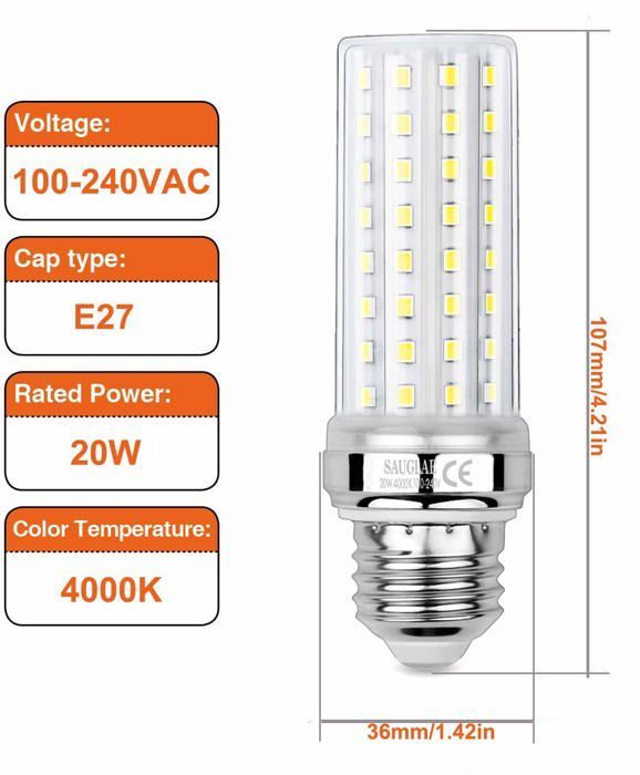 Paquete de 3 bombillas LED tipo maíz de 20 W, equivalentes a una bombilla incandescente de 150 W, 2300 lúmenes, luz blanca neutra de 4000 K, base de rosca E27.