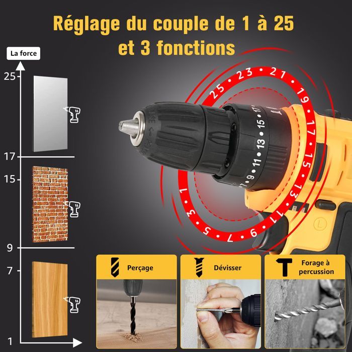Perceuse visseuse à percussion Sans Fil 21 V - 2 batteries 1500mAh - 108 Accessoires - 25+3 modes - 2 vitesses