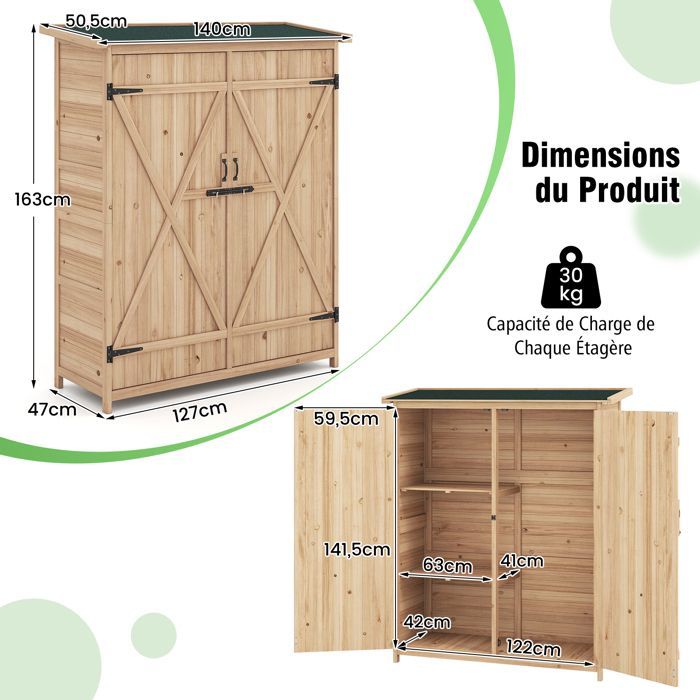 Abri de Jardin Extérieur en Bois Massif 140x51x163 cm COSTWAY-Toit en Asphalte Incliné-Étagères Amovibles et Portes Verrouillables