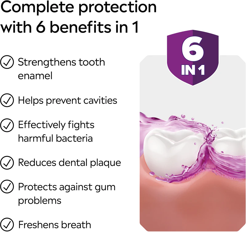 Enxaguante bucal Listerine Total Care Teeth Protection 6 em 1 para proteção dental completa.