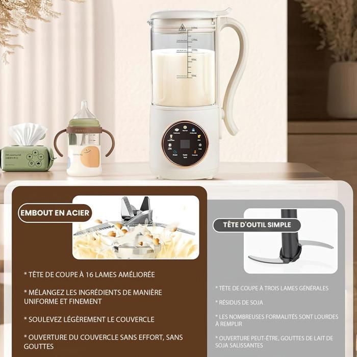 Máquina automática para hacer leche de soja de 1400 ml, batidora multifuncional con calefacción, 16 cuchillas de acero inoxidable, limpieza automática, inicio diferido.