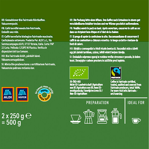 Biologisch Fairtrade koffiepoeder, 18 x 250 g