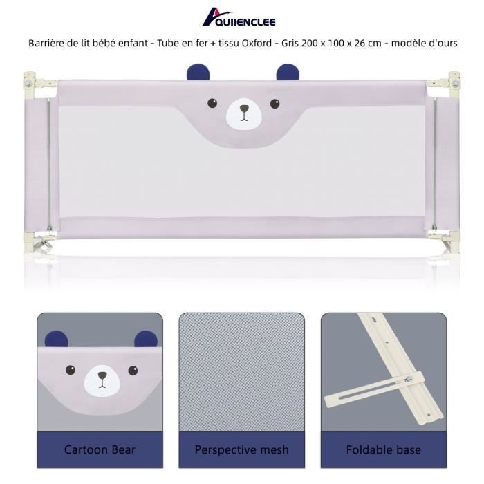 Barandilla de cuna QUIIENCLEE - Tubo de hierro + tela Oxford - Gris 200 x 100 x 26 cm - Diseño de oso