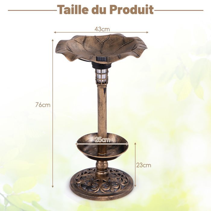 COSTWAY Mangeoire à Oiseaux sur Piédestal Extérieur, Lumières Solaires LED, Bol en Feuille de Lotus et Jardinière, Bronze antique