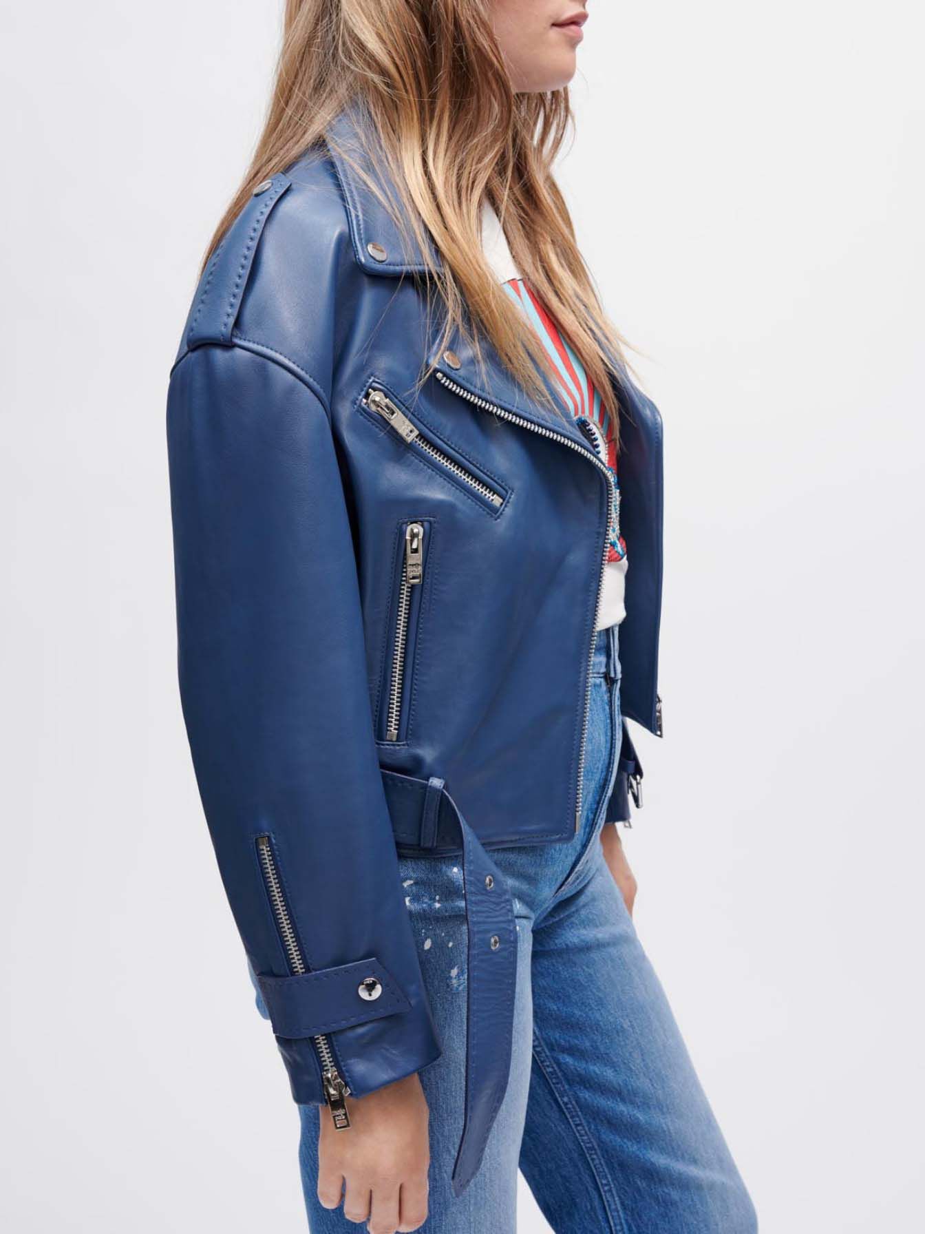 Leren bikerjack met wijde pijpen - Blauw