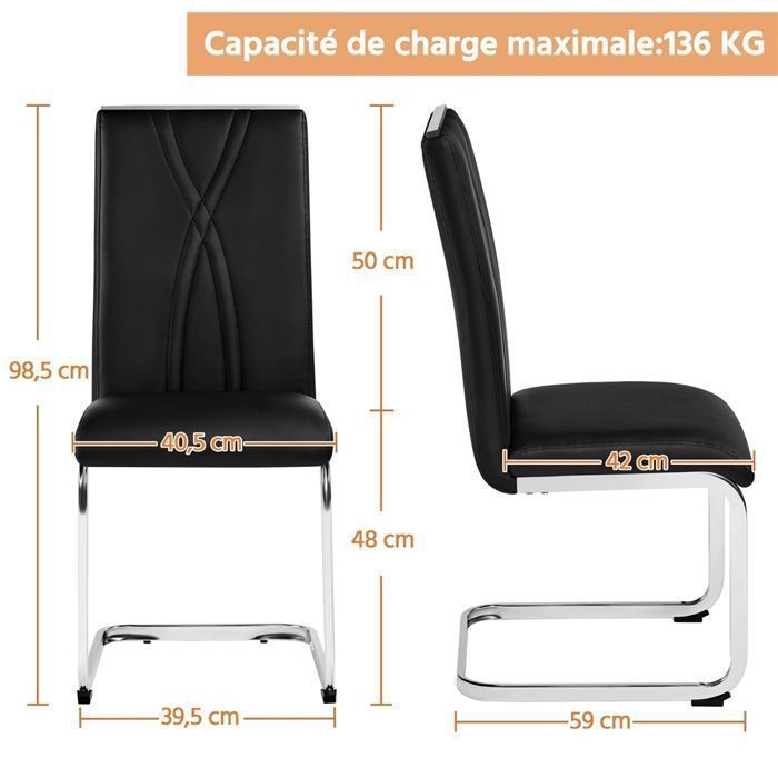 Lot de 2 Chaises Salle à Manger en Similicuir, Haut Dossier & Pieds Métalliques en U, Design Moderne-Cuisine/Appoint,Noir YAHEETECH
