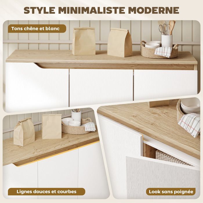 Aparador de cocina - HOMCOM - 3 puertas, estantes ajustables - aglomerado y madera de caucho - 107x35x76,5cm - blanco y roble