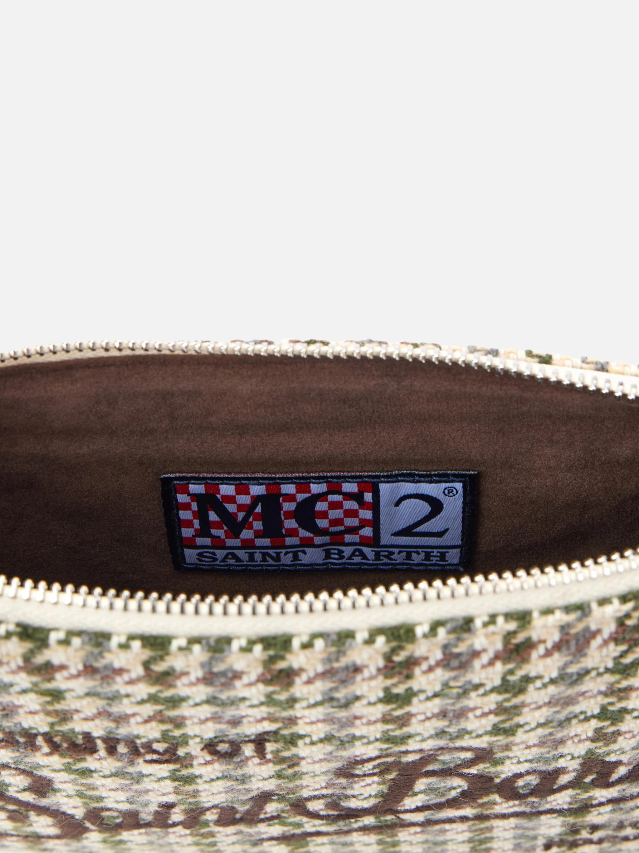 Pochette multifonction à carreaux parisiens avec bandoulières amovibles en cuir écologique, chaîne et logo brodé | MC2 Saint Barth