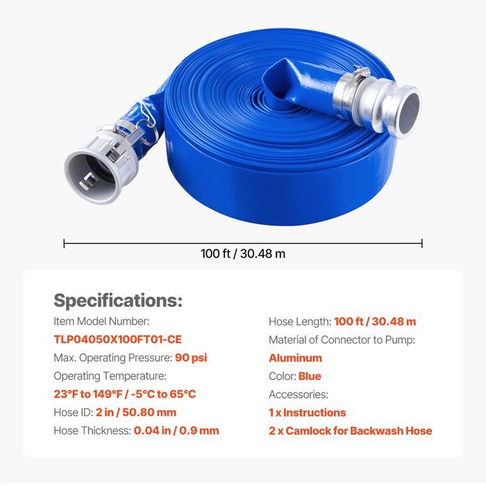 Kit de manguera de succión para bomba de agua VEVOR - 50,8 mm x 30,48 m - Apto para diversas bombas - para transporte de agua