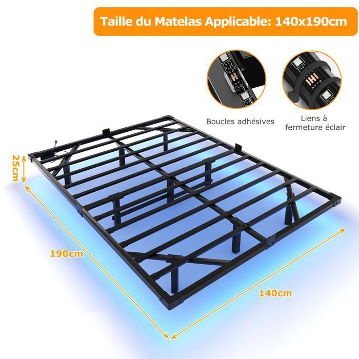 140 x 190 cm Bed Frame with Metal Slatted Base - NHHF - with LED and USB - 21 cm Under-Bed Storage for Bedroom - Double Bed