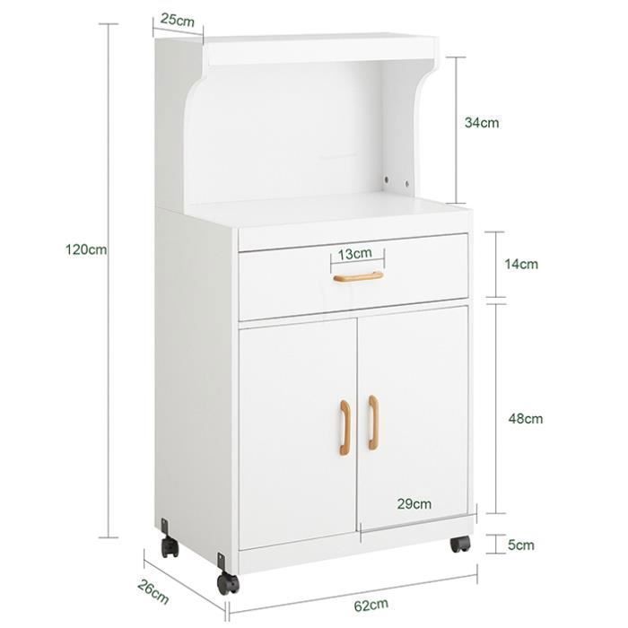 SoBuy Microwave Cart on Wheels – Kitchen Storage Trolley with 1 Drawer & 2 Doors, White 62x40x119 cm