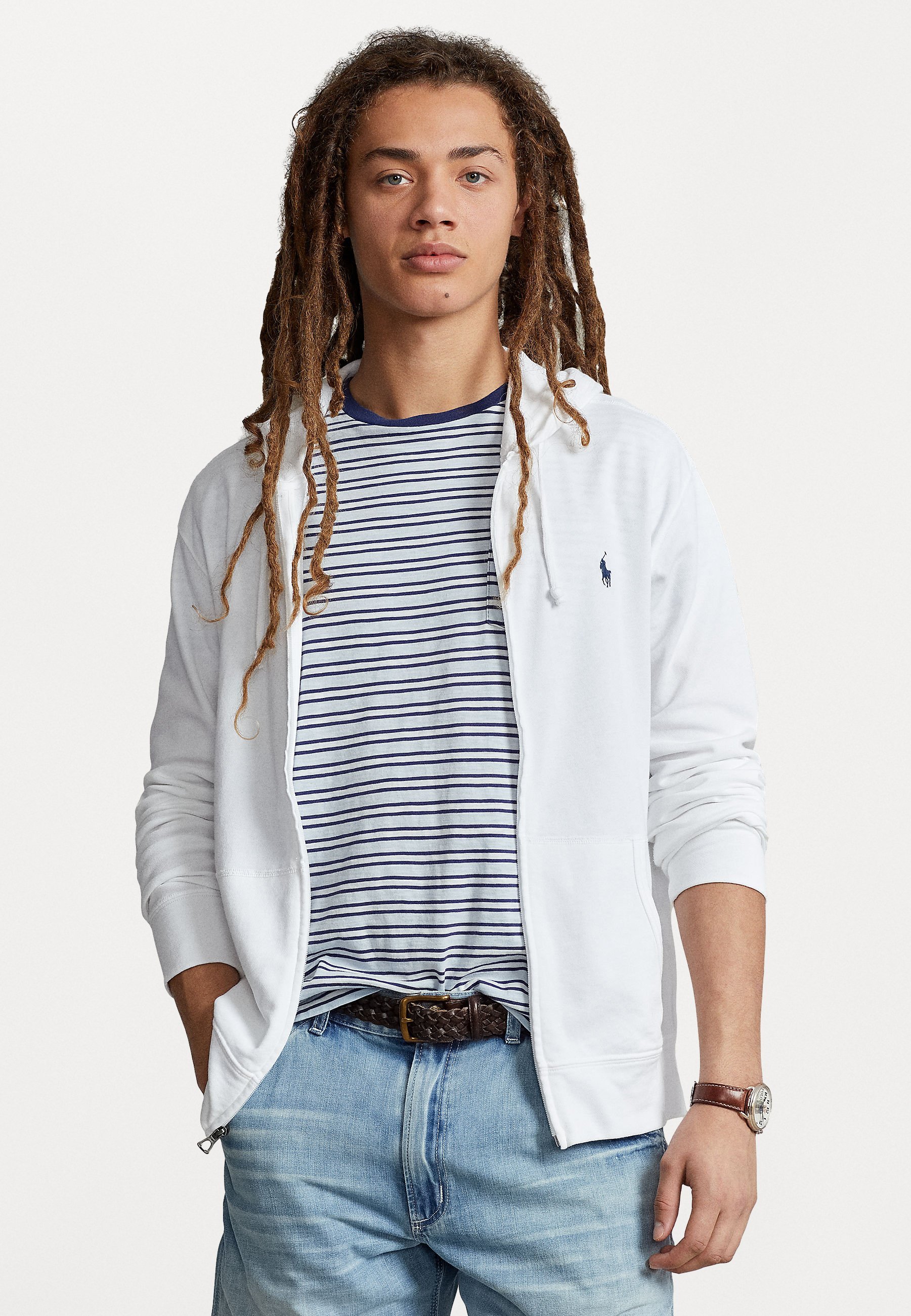 Polo Ralph Lauren SPA TERRY Kapuzenpullover mit durchgehendem Reißverschluss – Weiß