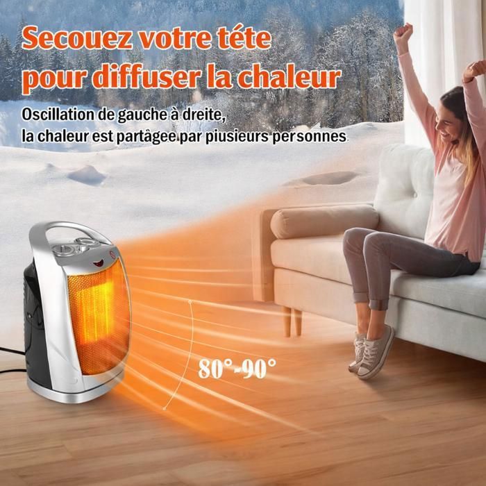 Riscaldatore ausiliario da 1500 W, riscaldamento rapido, funzionamento silenzioso, riscaldatore oscillante, 2 impostazioni di calore, sistema di sicurezza antiribaltamento.