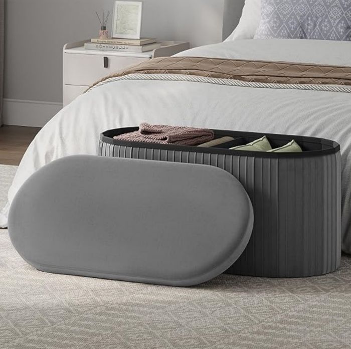 Pouf avec Rangement - WOLTU Coffre Ovale Pliable - Velours - 76x38x38cm - Gris Foncé