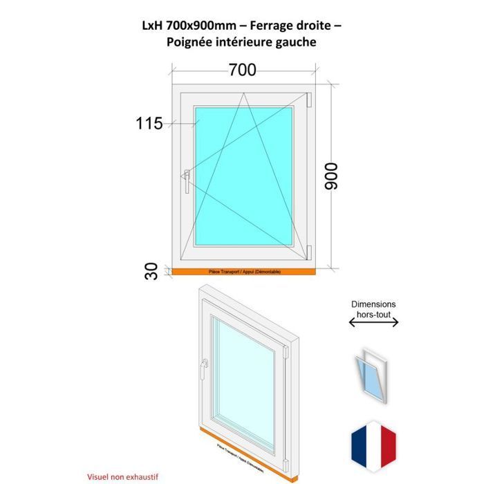 Fenêtre PVC - Triple vitrage - Tirant Droite - Blanc - LxH : 700x900 mm