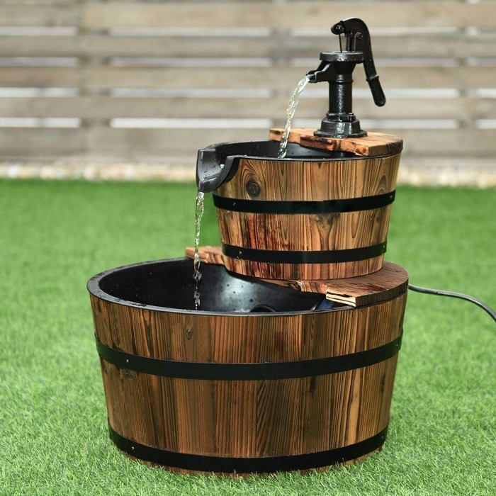 Fuente de jardín de madera COSTWAY con bomba, 2 niveles, flujo de agua ajustable, capacidad de 19 litros, estilo rústico decorativo en cascada.