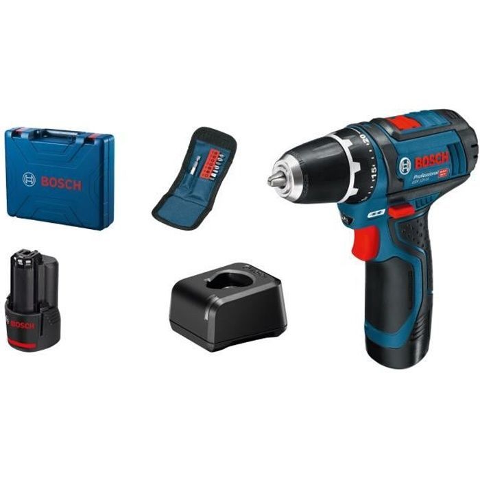 Taladro/atornillador inalámbrico Bosch Professional GSR 12V-15 + 10 accesorios + 2 baterías de 2,0 Ah + cargador GAL 12V-20 - 060186810G