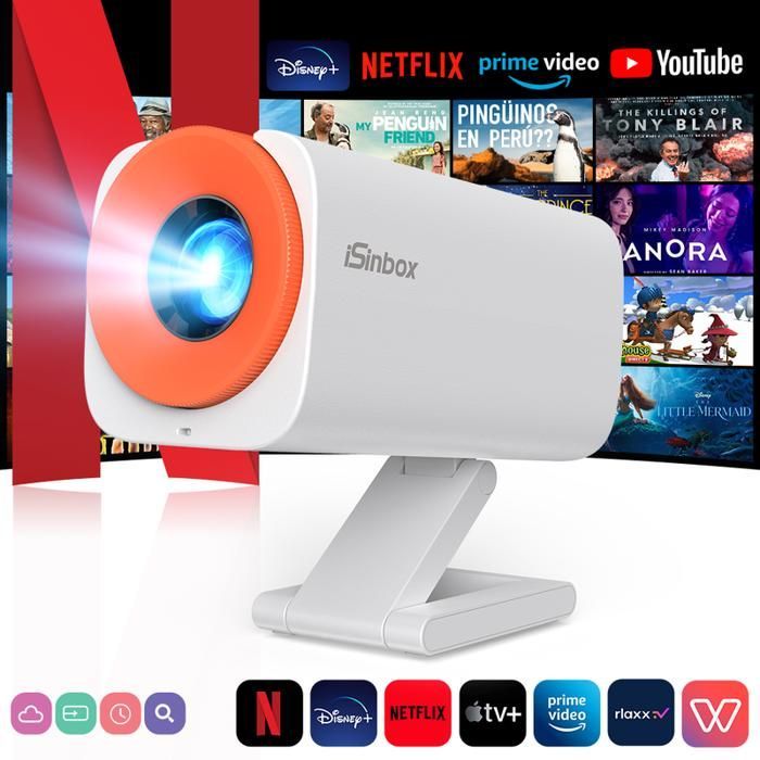 Isinbox Mini 4K draagbare projector met wifi en Bluetooth, 130 inch scherm, intelligente thuisbioscoop voor telefoon, pc, HDMI, USB - wit