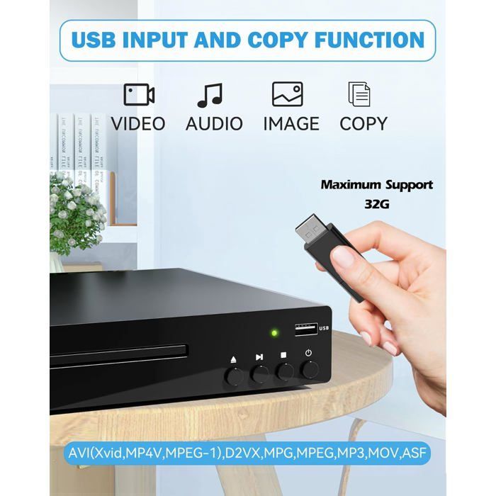 Lecteur DVD Compact pour TV, Lecteur DVD pour la Maison avec HDMI, RCA, USB, télécommande, lecteurs de disques Toutes régions