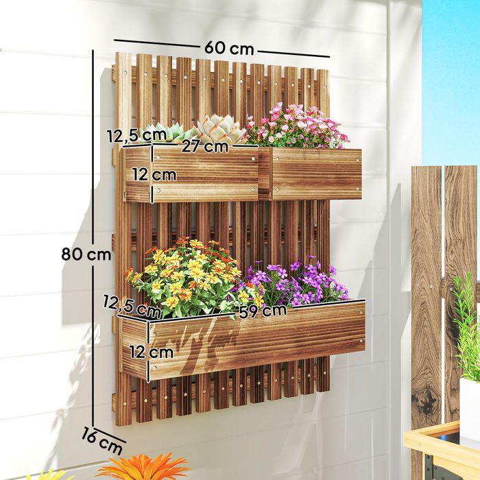 Outsunny - Macetero de pared - Madera de abeto - 60x16x80cm - Carbonizado