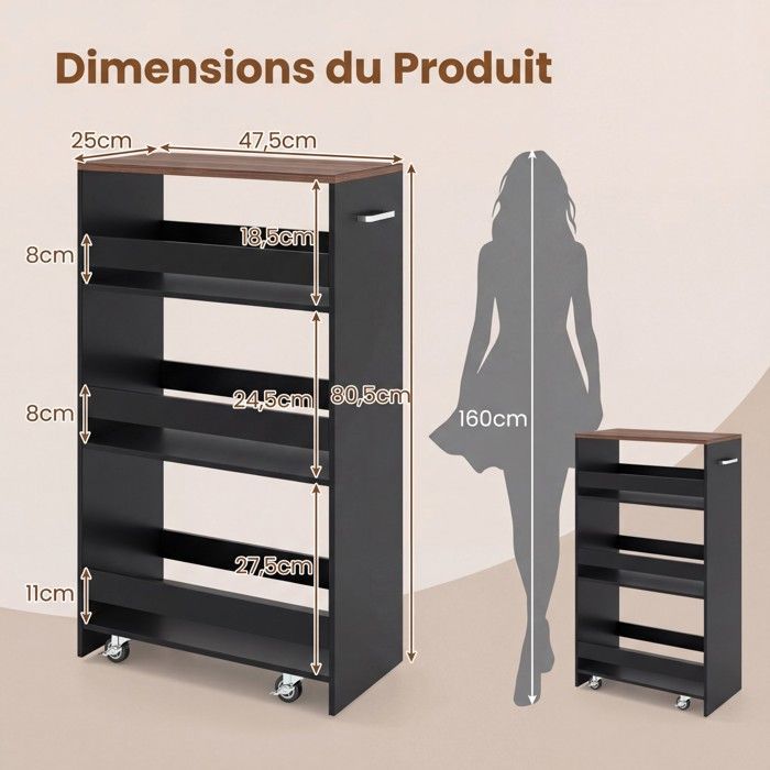 GIANTEX Narrow Kitchen Trolley with Wheels and Brakes - 47.5x25x80.5cm - 4-Tier Serving Cart with Handle - Black + Brown