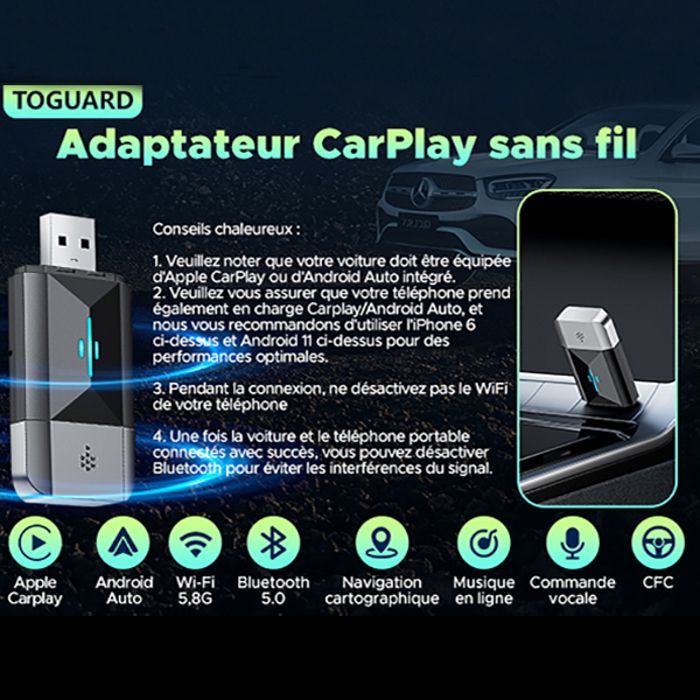 TOGUARD 2 in 1 Wireless Carplay Adapter for Apple Carplay & Android Auto WIFI 5.8GHz Plug & Play Bluetooth 5.0
