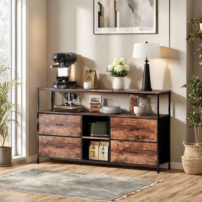 Buffet 4 tiroirs 3 etagères, Buffet bas avec LED, Buffet de salon, Meuble TV, Cadre en métal, Meuble de rangement, Brun