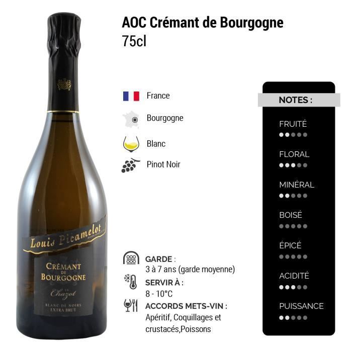 Crémant de Bourgogne Blanc de Noirs en Chazot Brut Blanc - 6 botellas de 75 cl - Louis Picamelot - Espumoso AOC Blanc de