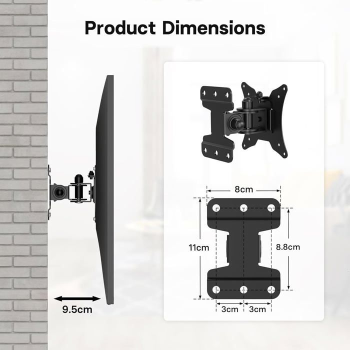 Soporte de pared para TV, soporte universal giratorio e inclinable para monitores de PC, compatible con televisores y monitores planos/curvos de 13 a 30 pulgadas.