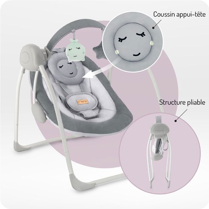 MoMi LISS – Altalena elettrica pieghevole per neonati – 5 velocità – Timer – 6 melodie – Giocattoli regolabili – Grigio