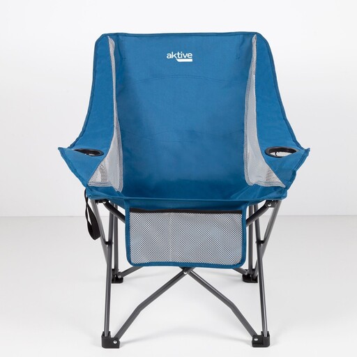 Cadeira de camping dobrável anti-tombamento Aktive Blue com porta-copos e bolso.