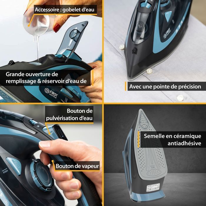 Fer vapeur sans fil 2200-2400W réservoir d'eau 450 ml Céramique Fer à repasser Noir-bleu