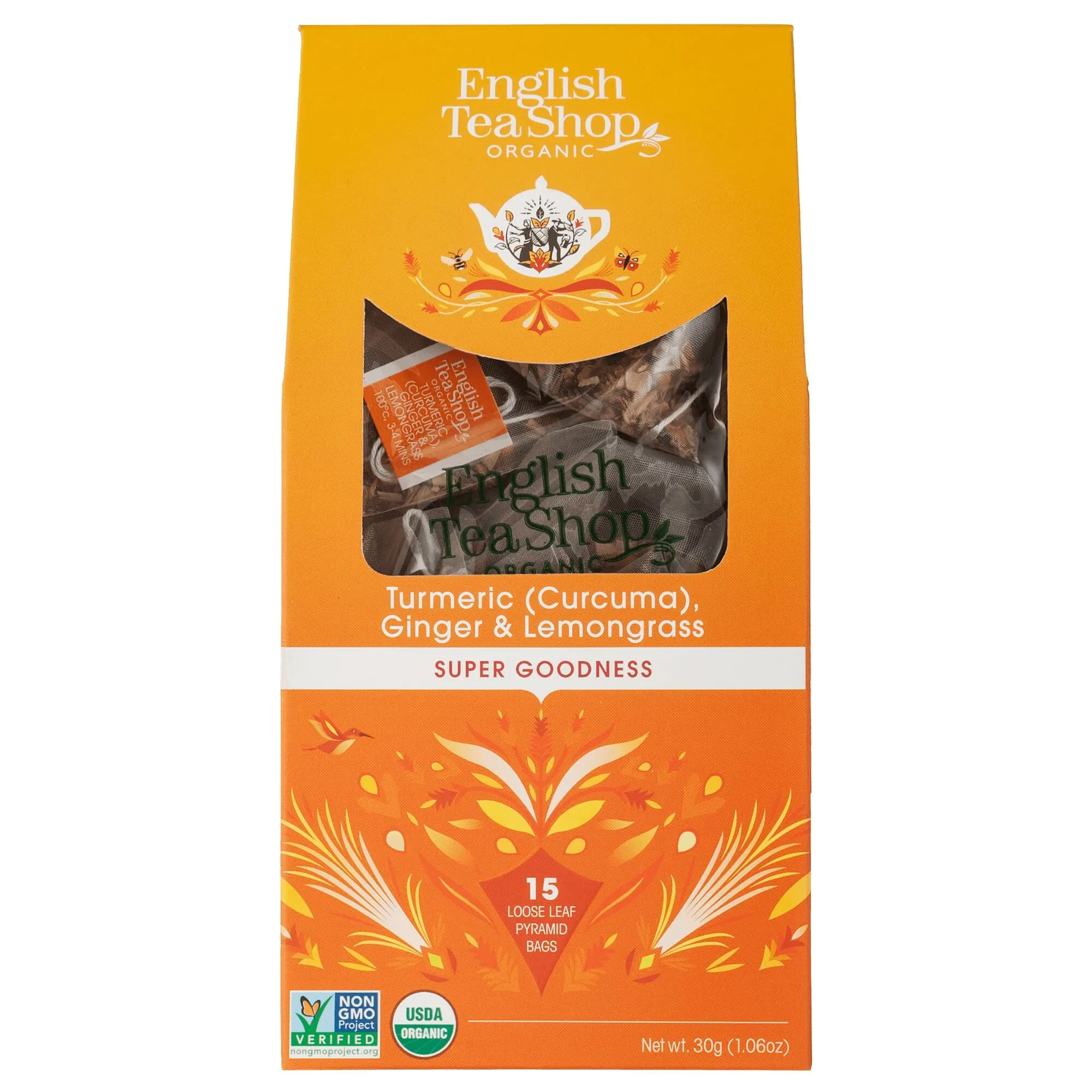 English Tea Shop Turmeric Ginger & Lemongrass, herbata liściasta bio, 15 piramidek