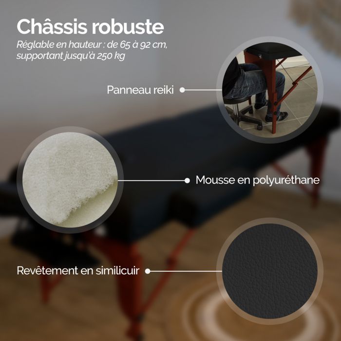Table de massage 15 cm pliante 3 zones en bois foncé avec panneau Reiki + Accessoires et housse de transport - Noir - Vivezen