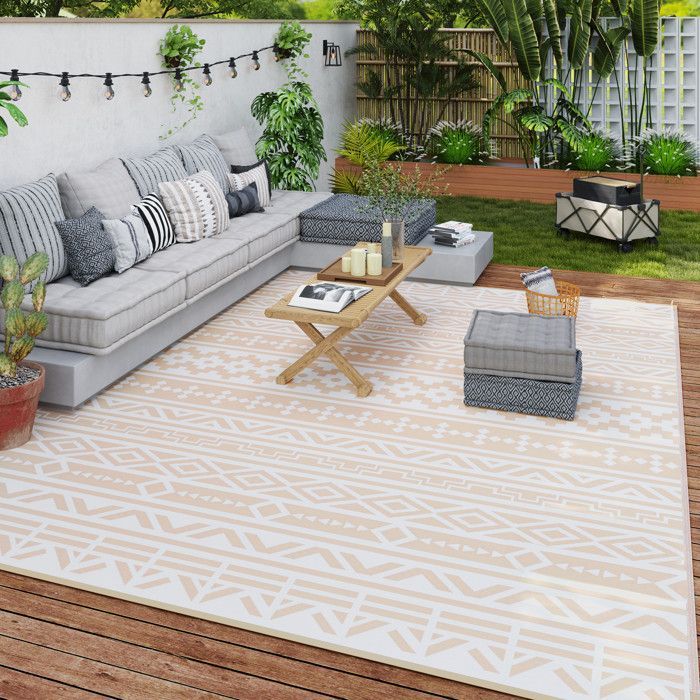 Tapis d'extérieur - Outsunny - réversible - 3,7 x 2,7 m - motif mur géométrique - en PP - sac de transport - kaki et beige clair