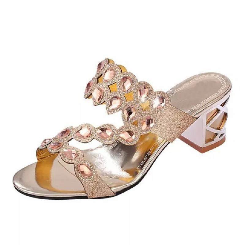 Sandales d'été pour femmes, ornées de cristaux, à enfiler, à talons hauts, style mocassin, à talon carré moyen, décontractées.