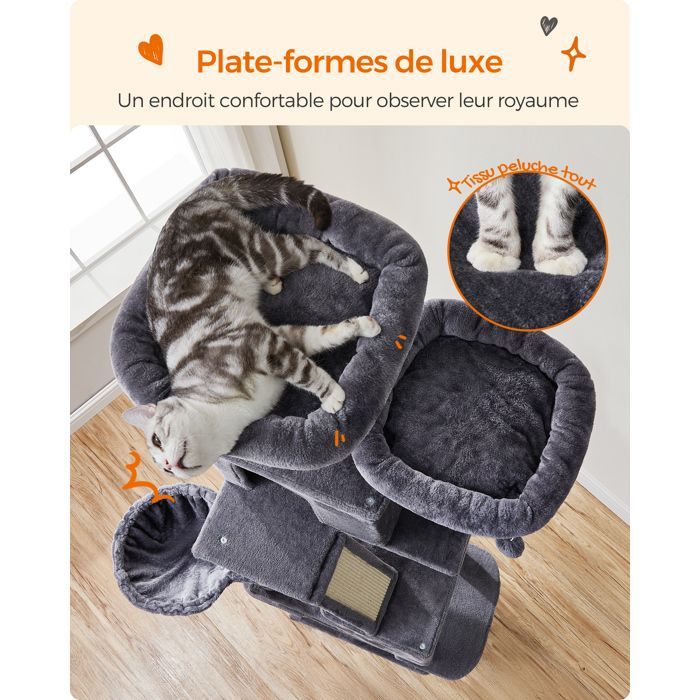 Arbre à Chat, Hauteur 203,5 cm, avec 13 Griffoirs, 2 Plate-forme, 2 Niches, Multi-niveaux pour Chat d'Intérieur, Gris Anthracite