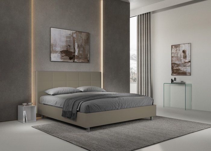 Lit king size coffre - Ityhome - Mika - 200x210 cm - Similicuir cappuccino - Tête de lit rembourrée