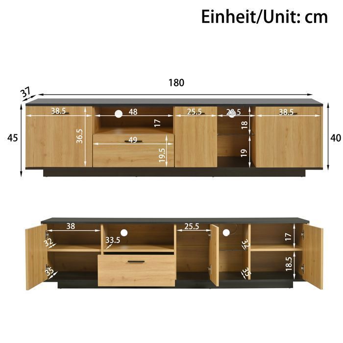 Mueble para TV LED de estilo moderno con un cajón, tres puertas, dos separadores, 180 x 40 x 45 cm, negro.