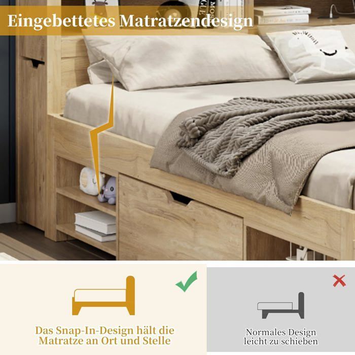 Letto per bambini 90 x 200 cm, letto contenitore con ricarica wireless e porta USB, comodini, mensole e armadietti contenitori.