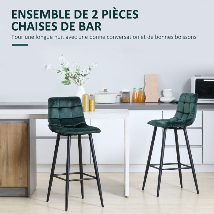 HOMCOM - Taburetes de bar - Terciopelo (100% poliéster) - 42x55x103cm - Verde
