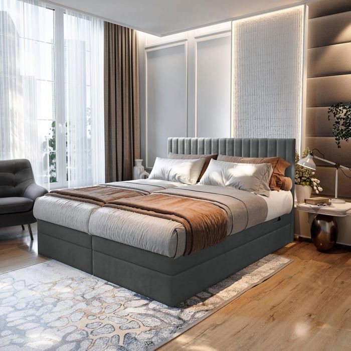 Lit adulte ADÈLE - ensemble matelas+sommier relaxation électrique - 160x200 cm - velours gris foncé