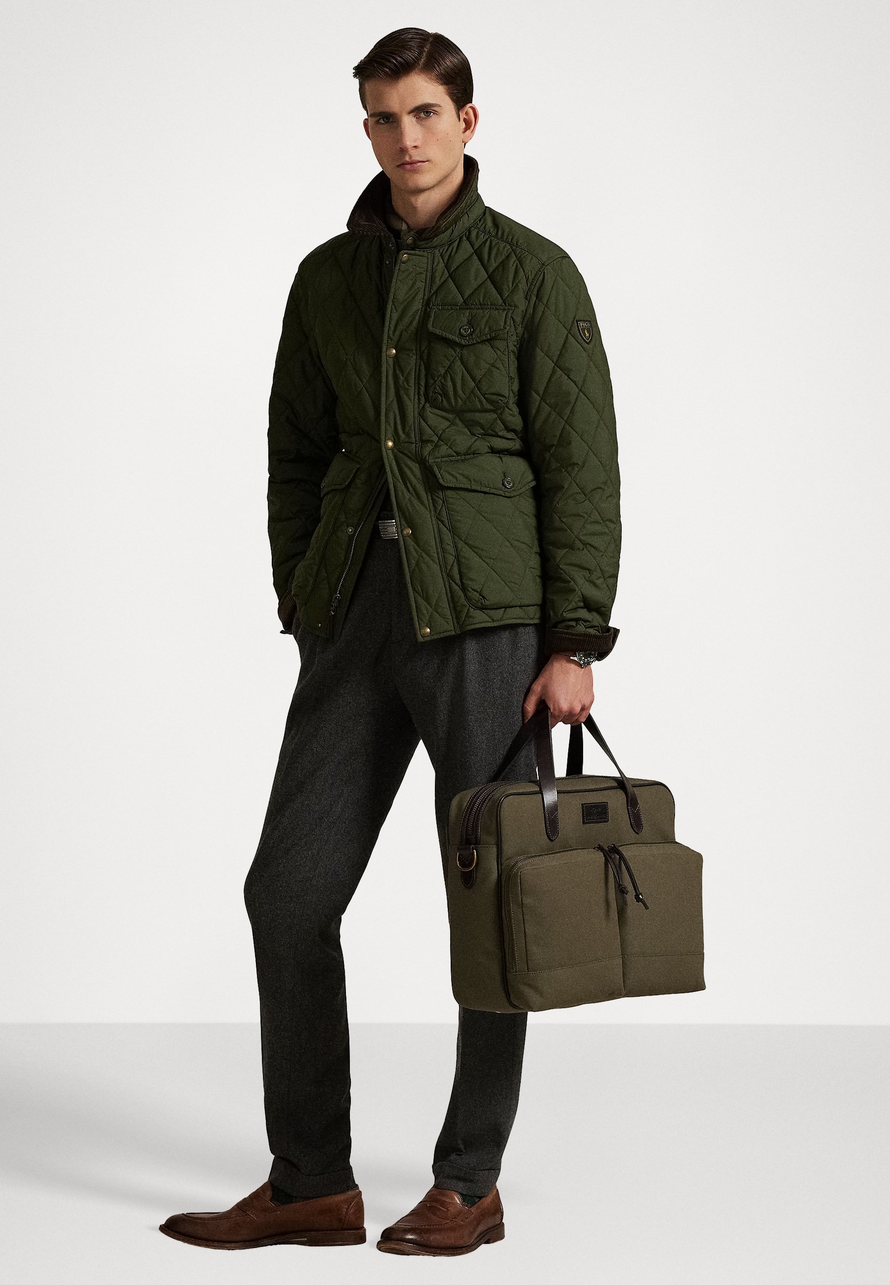 Polo Ralph Lauren Canvas-Tasche mit Lederbesatz – Laptoptasche – Verteidigergrün/Dunkelbraun