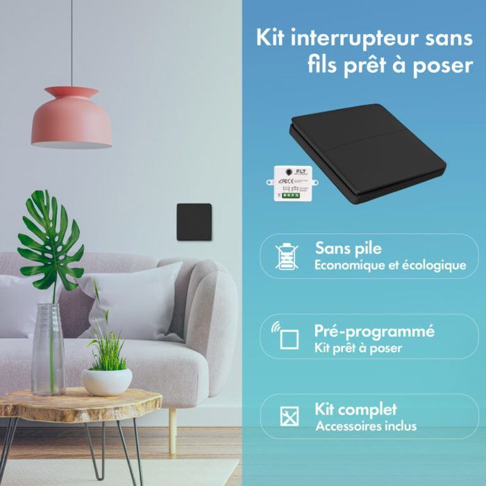 Kit interrupteur va-et-vient sans fil et sans pile prêt à poser - 2 boutons poussoirs double allumage + 2 relais récepteur radio