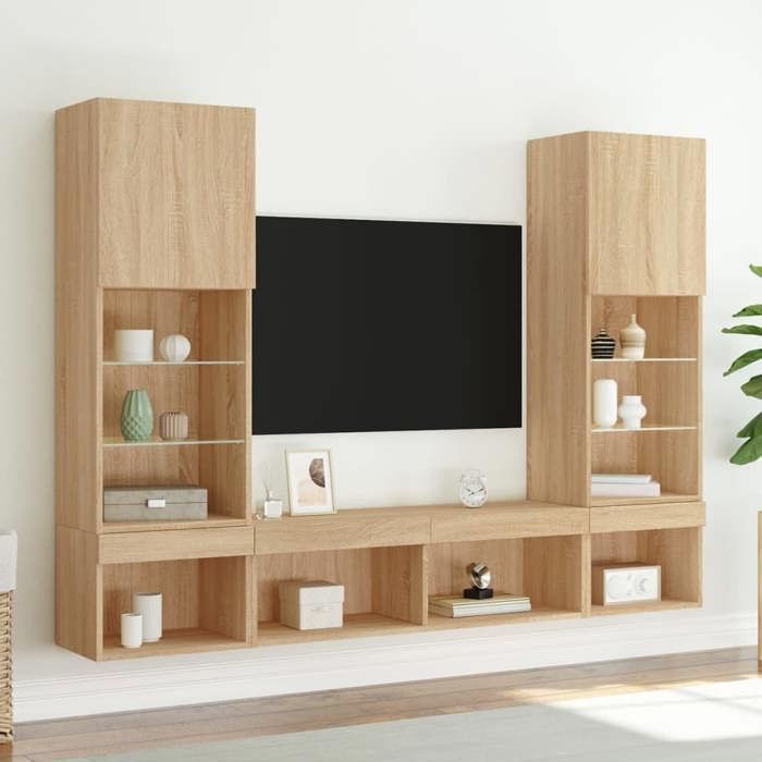 Mobile TV a parete vidaXL con LED, 5 pezzi, finitura rovere Sonoma, in legno ingegnerizzato, codice 3216692