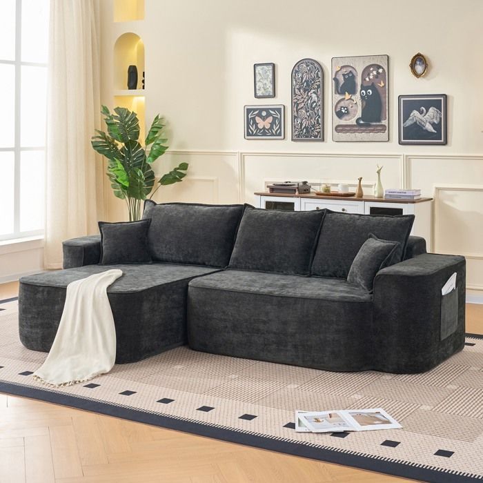 Canapé d’angle modulable XXL 264 cm, canapé nuage sans montage, tissu chenille noir, assise profonde, convertible salon