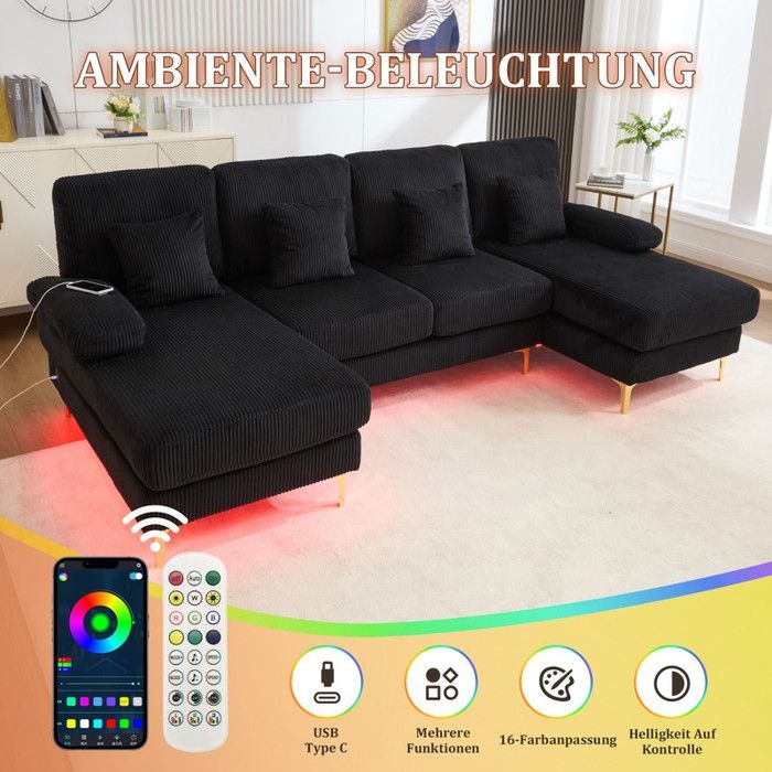 Canapé d'angle Réversible 4 places,U-SOFA éclairage LED et port USB-C, 4 oreillers et dossier de prime ergonomique, bois